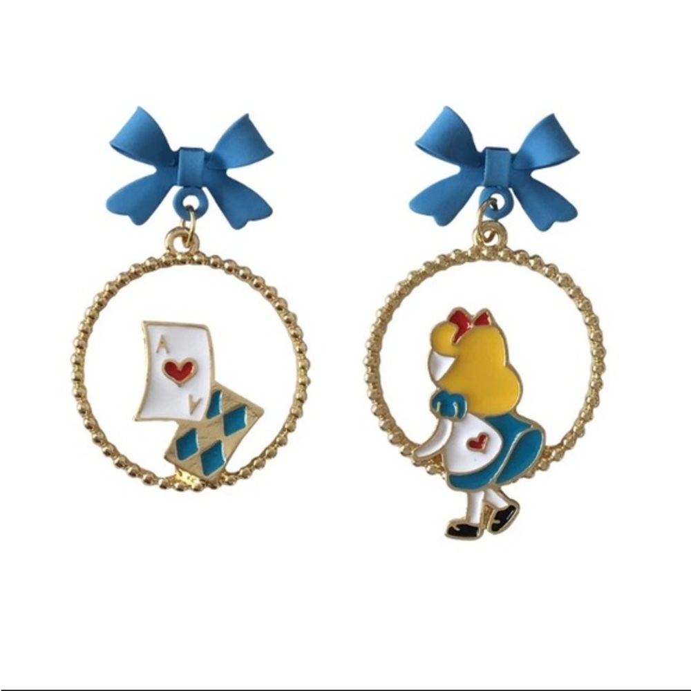 Cute running princess fairy tale Alice and poker asymmetric enamel earrings newβ